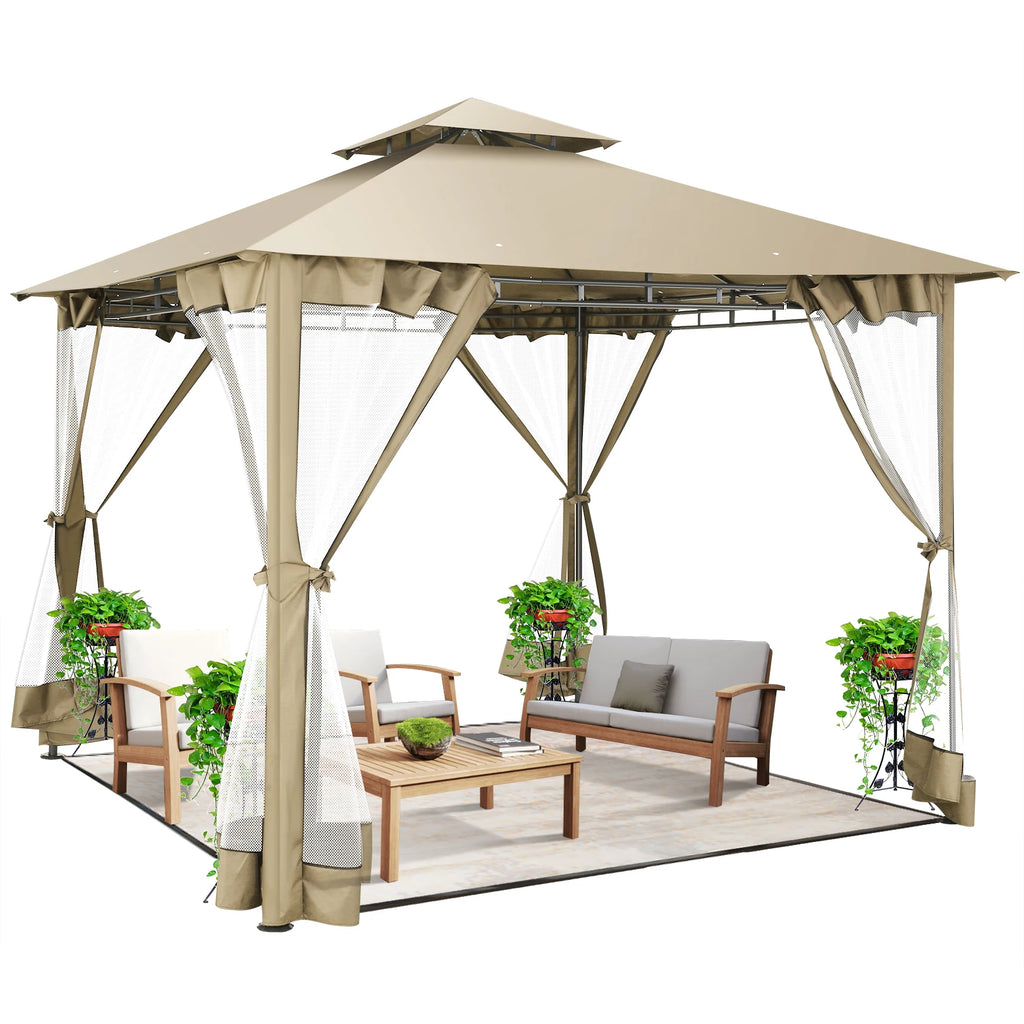 10×10 Gazebo with Curtains Netting Double Roof with Metal Frame