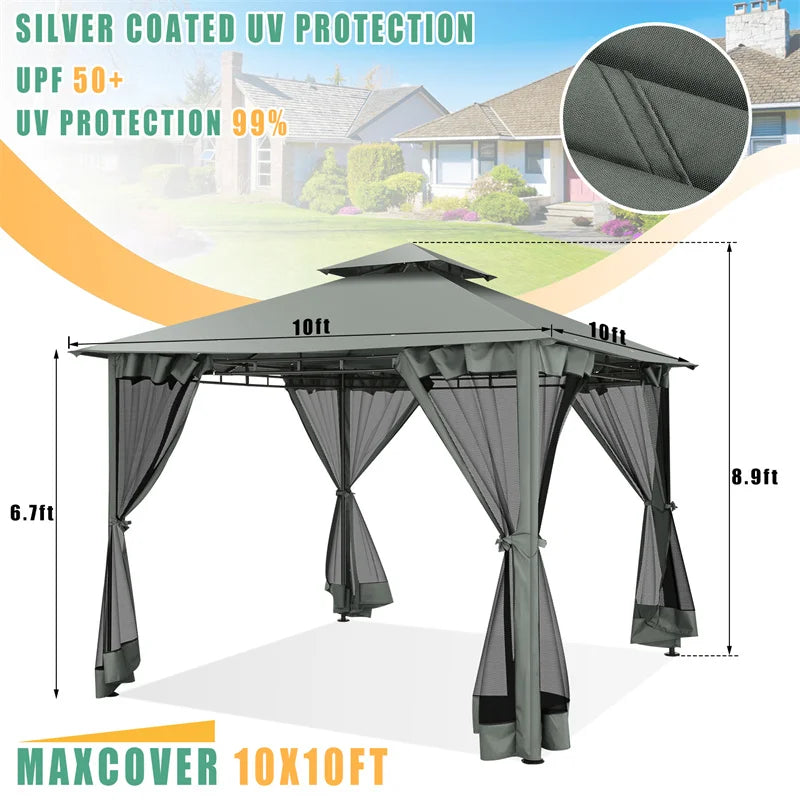 10×10 Gazebo with Curtains Netting Double Roof with Metal Frame