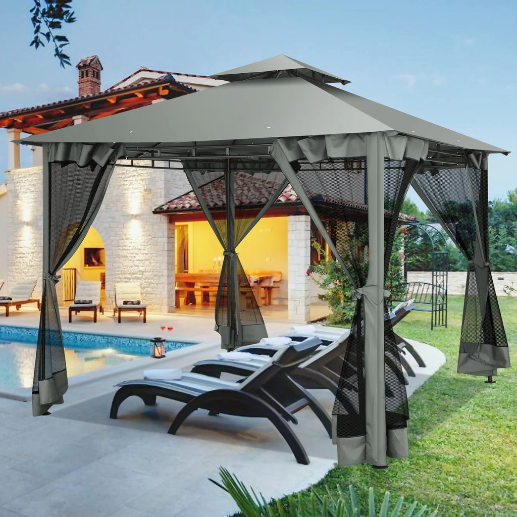 10×10 Gazebo with Curtains Netting Double Roof with Metal Frame