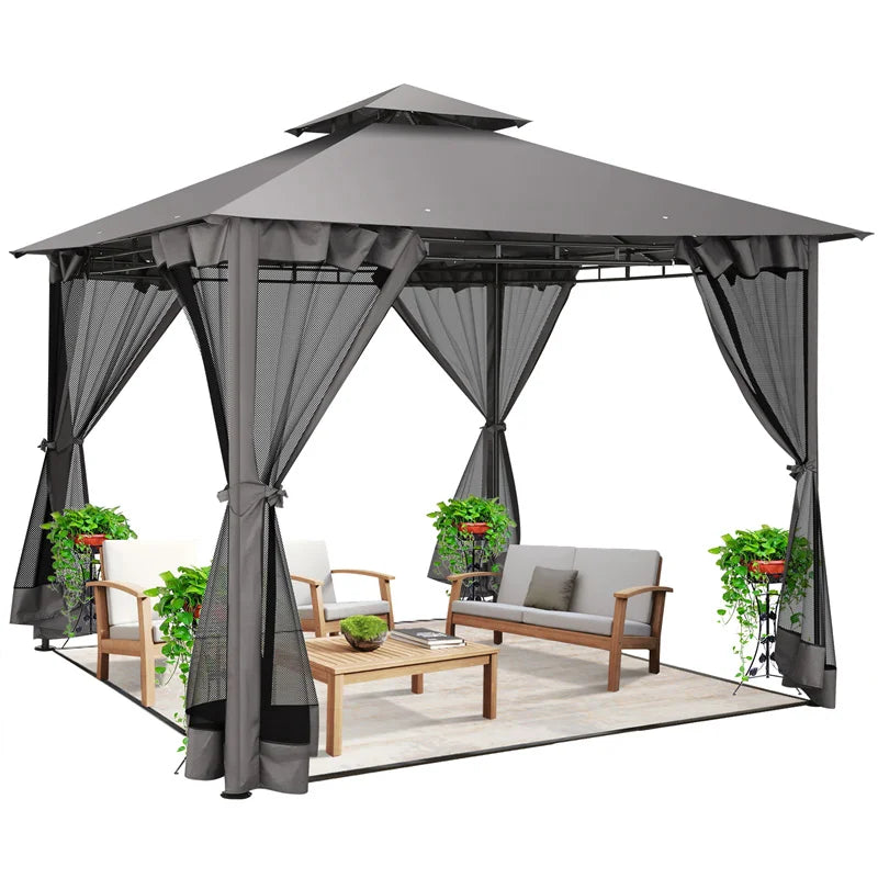 10×10 Gazebo with Curtains Netting Double Roof with Metal Frame