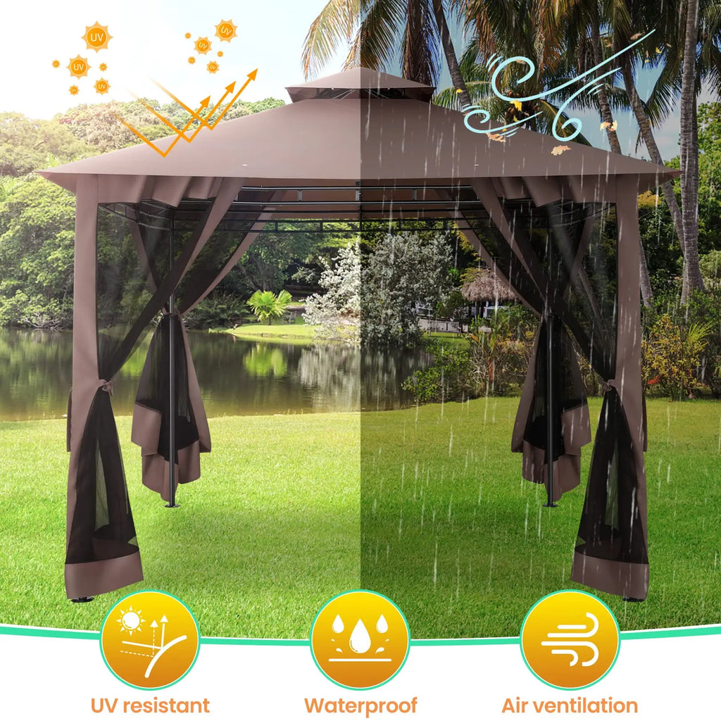 10×10 Gazebo with Curtains Netting Double Roof with Metal Frame