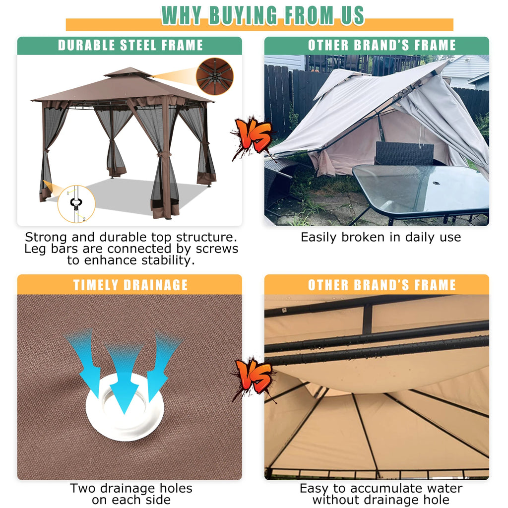 10×10 Gazebo with Curtains Netting Double Roof with Metal Frame