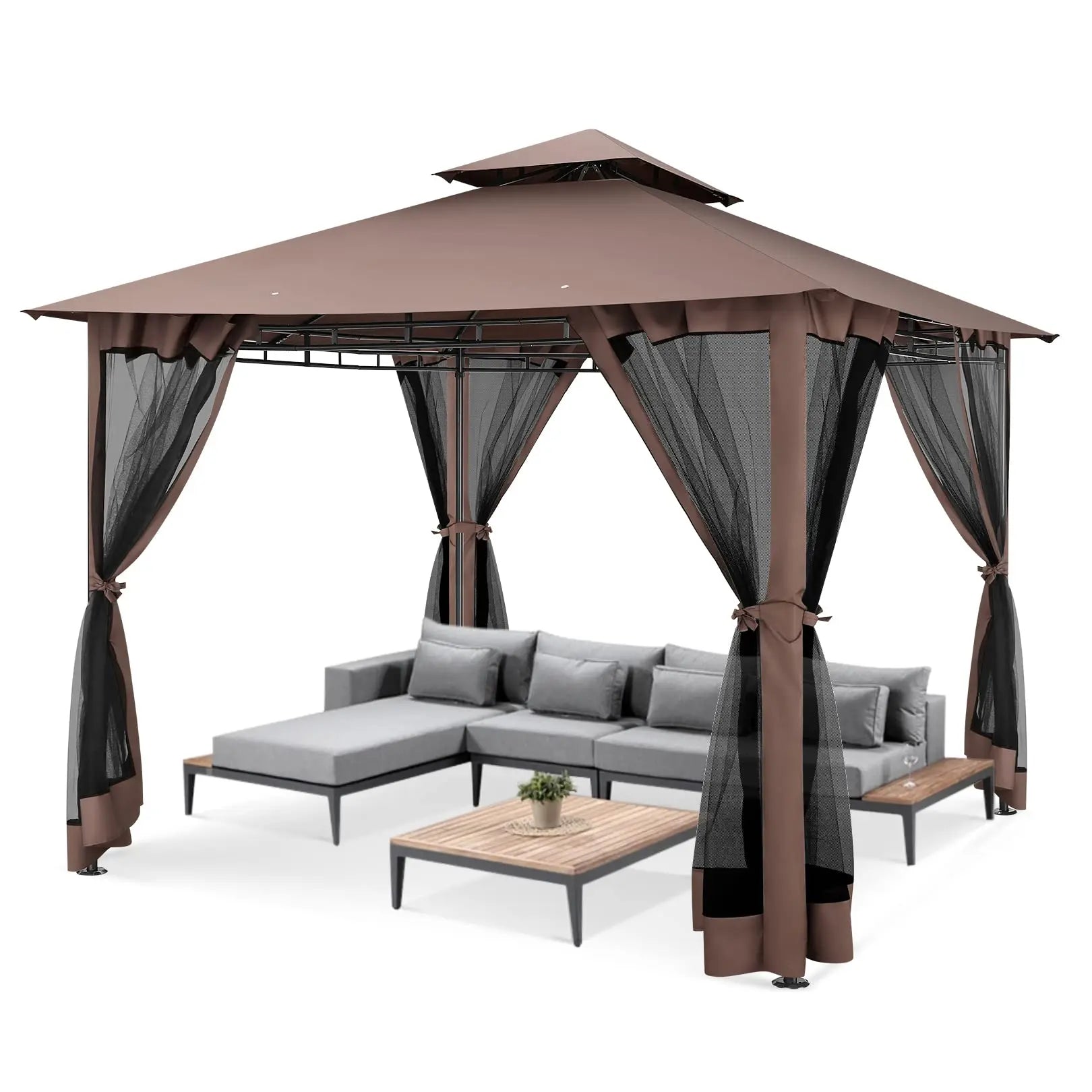 10×10 Gazebo with Curtains Netting Double Roof with Metal Frame