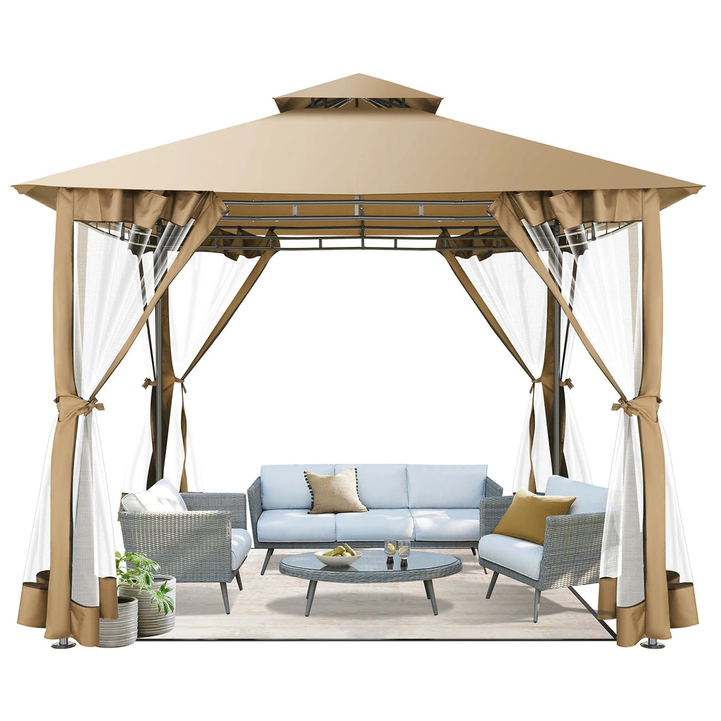 10×10 Gazebo with Curtains Netting Double Roof with Metal Frame