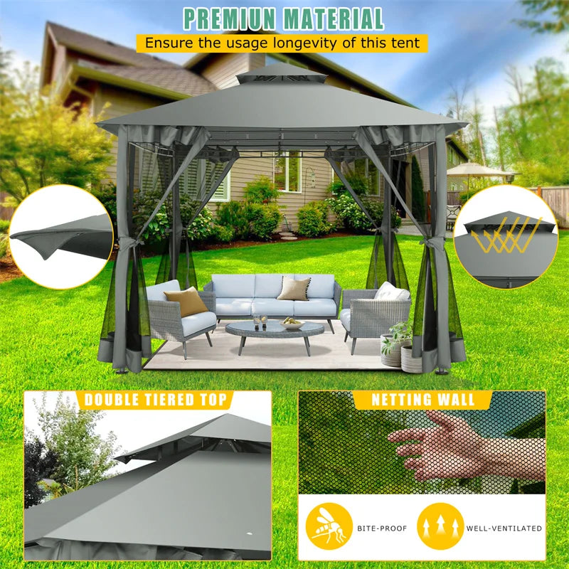 10×10 Gazebo with Curtains Netting Double Roof with Metal Frame