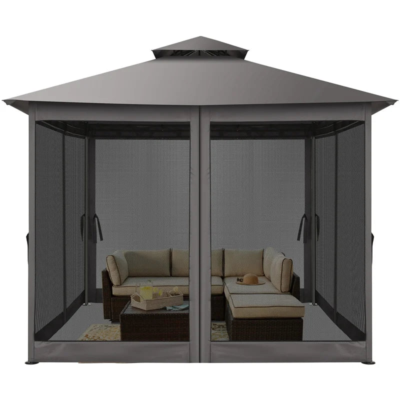 10×10 Gazebo with Curtains Netting Double Roof with Metal Frame