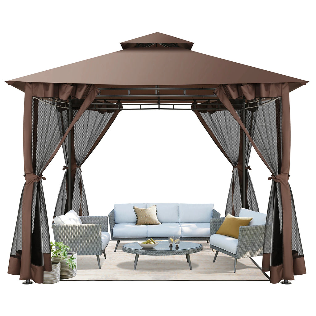 10×10 Gazebo with Curtains Netting Double Roof with Metal Frame
