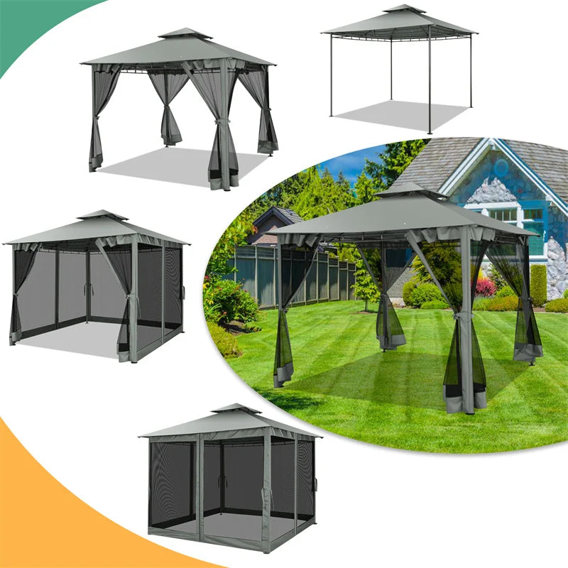 10×10 Gazebo with Curtains Netting Double Roof with Metal Frame