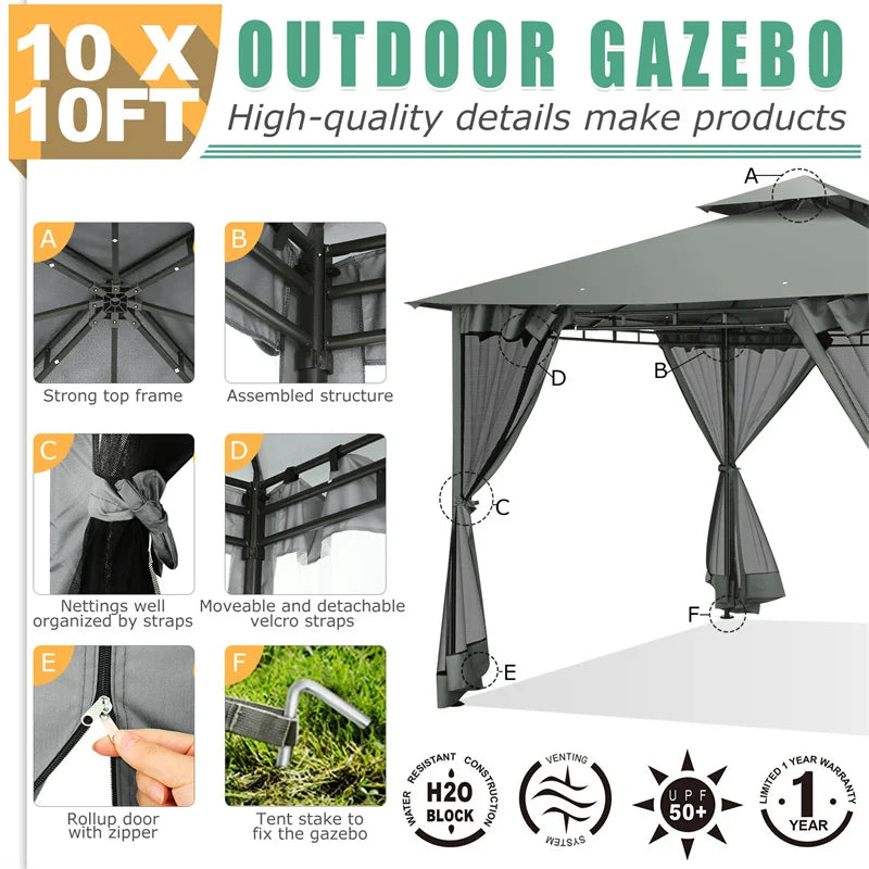 10×10 Gazebo with Curtains Netting Double Roof with Metal Frame