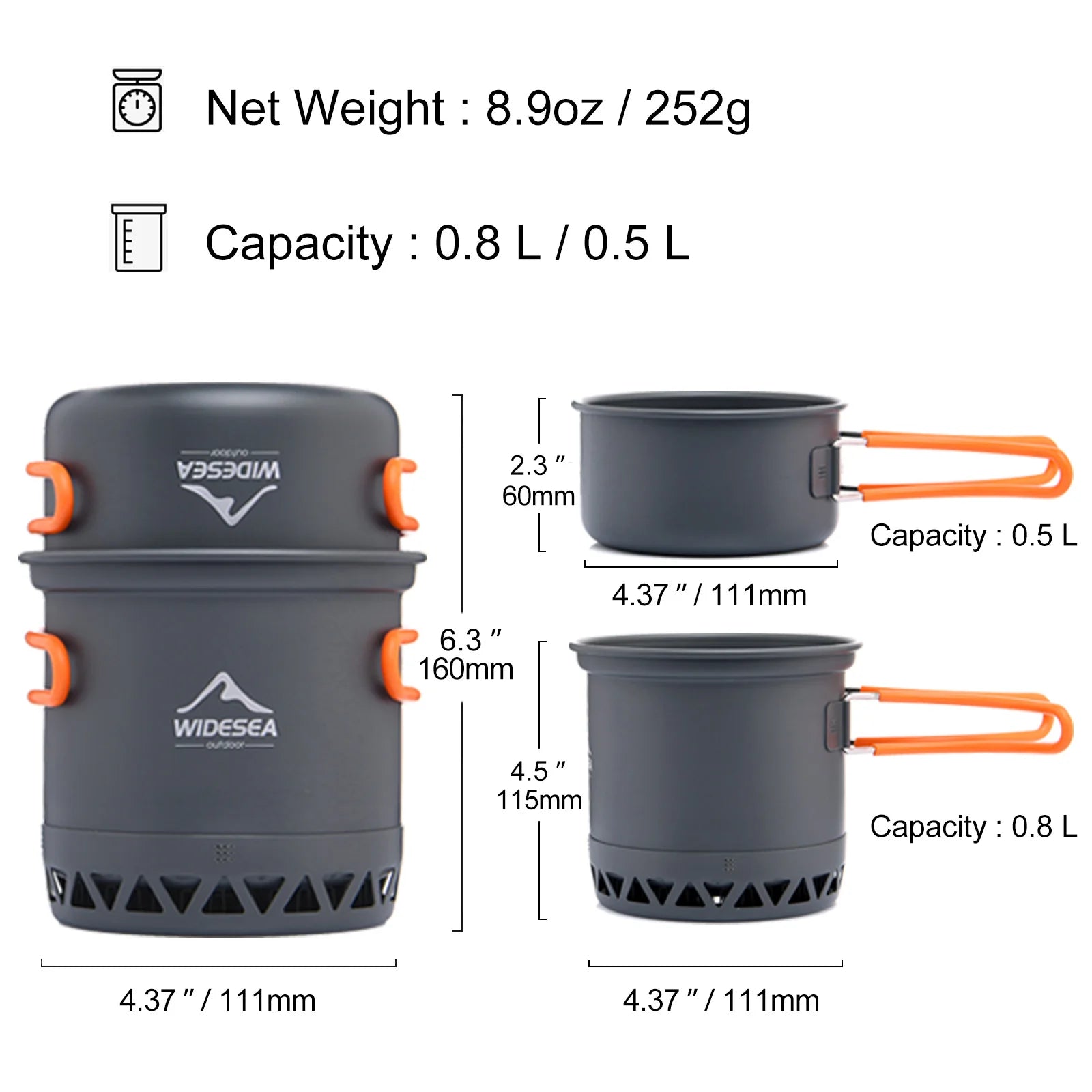 Wide Sea Camping 1.3L 2.3L Cookware Outdoor Cooking Set
