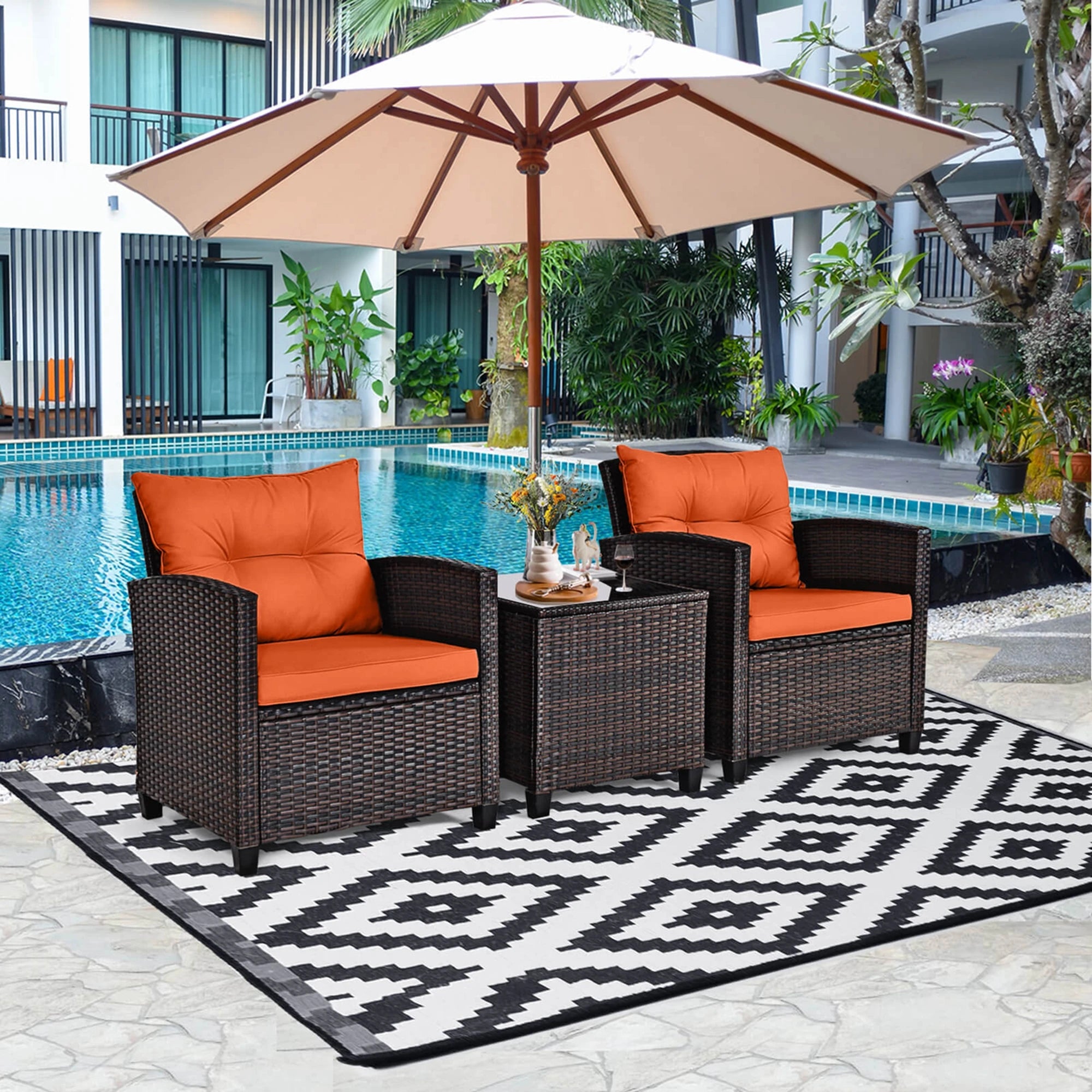 3 PCS Rattan Patio Set With Orange Cushioned
