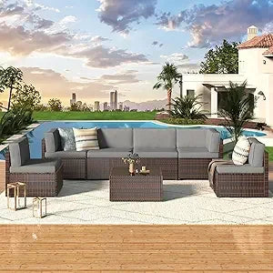 7 Piece Outdoor Patio Furniture Set, Rattan Wicker with Tea Table