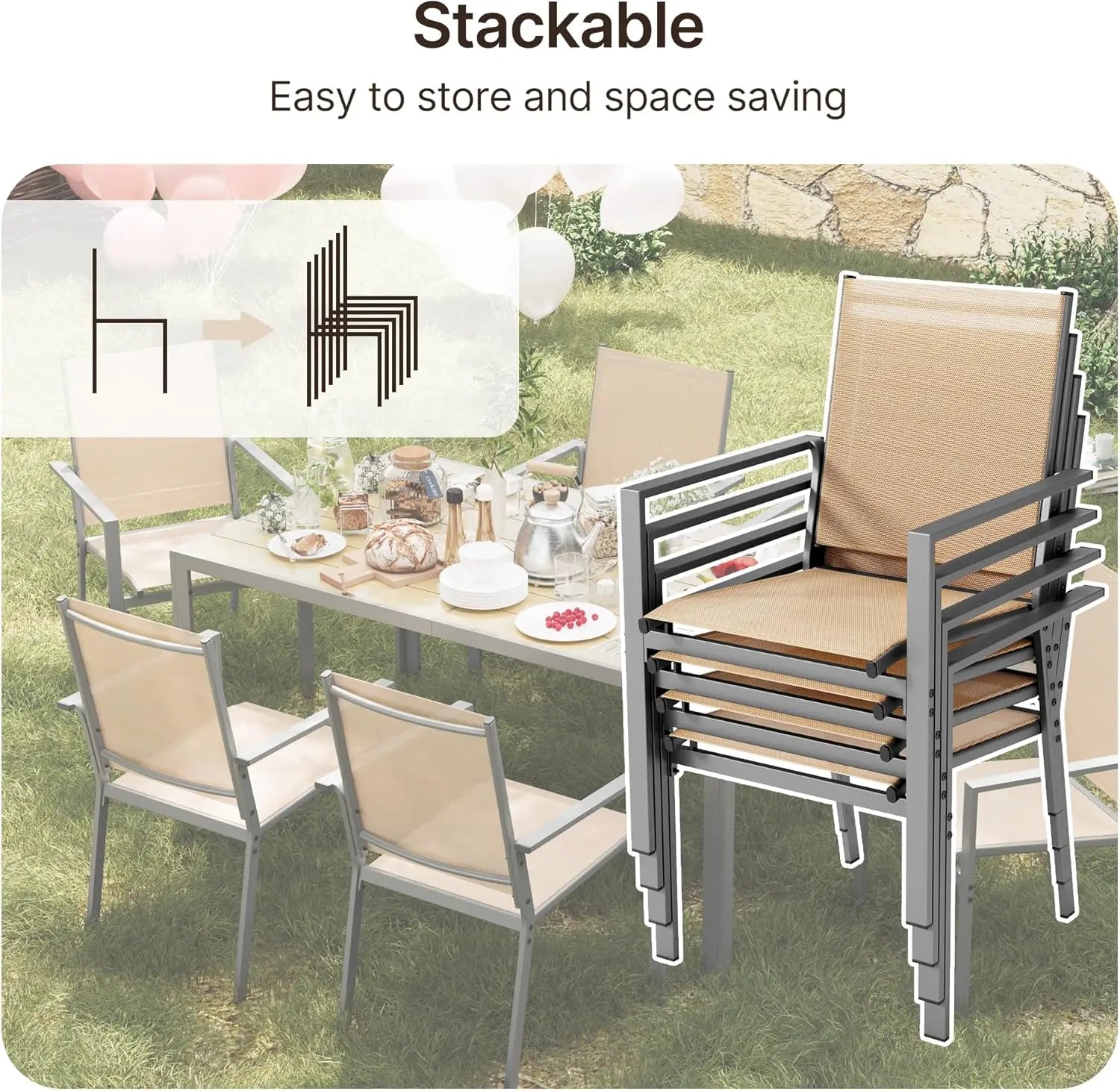 Patio Dining Set 7 Pieces with Large Table and 6 Textile Chairs