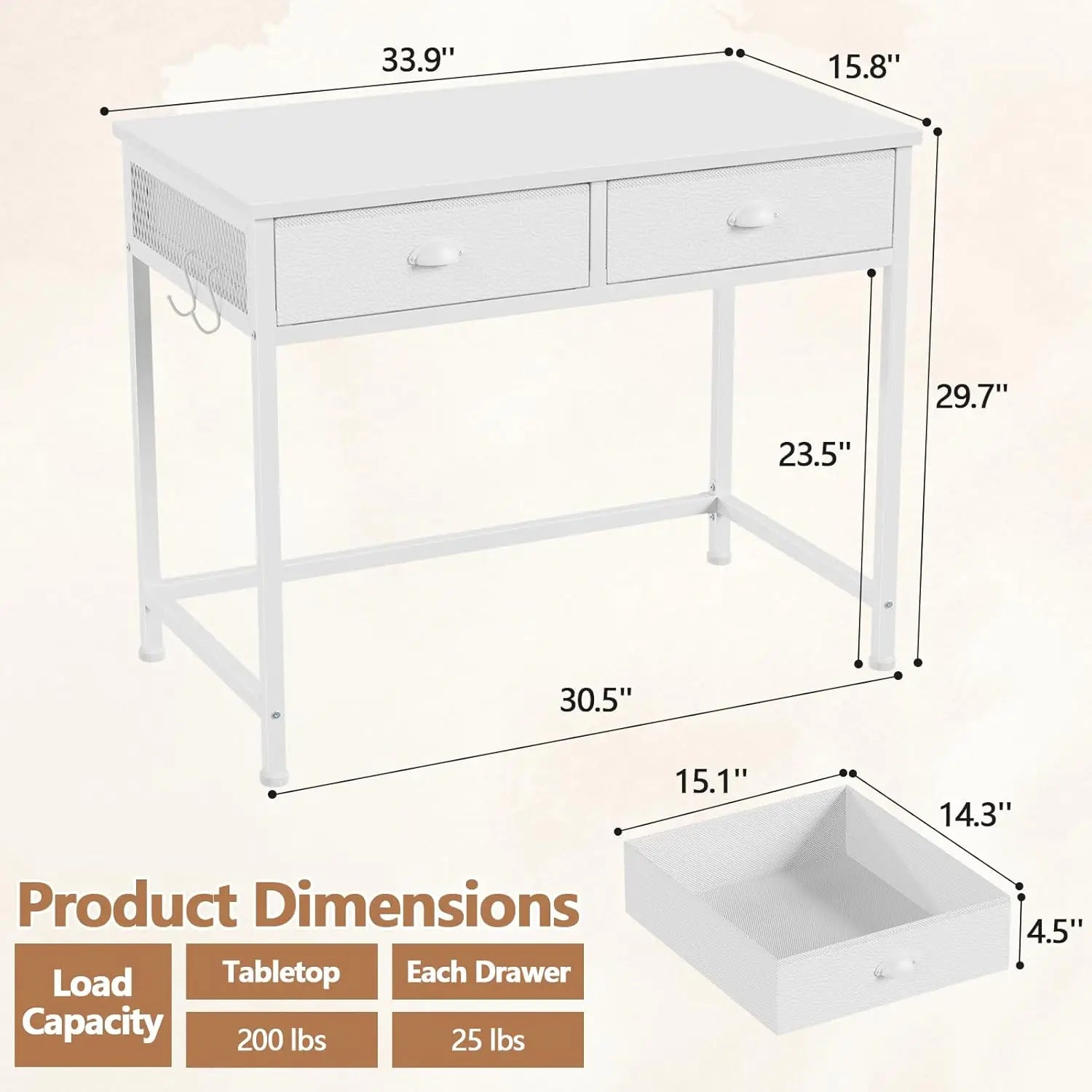 Small White Computer Desk with 2 Fabric Drawers