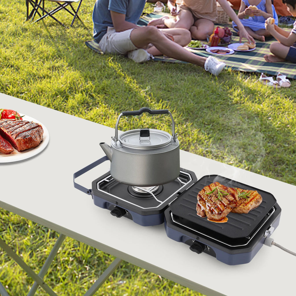 Camping Stove with Grill Pan Foldable With 2-Burners