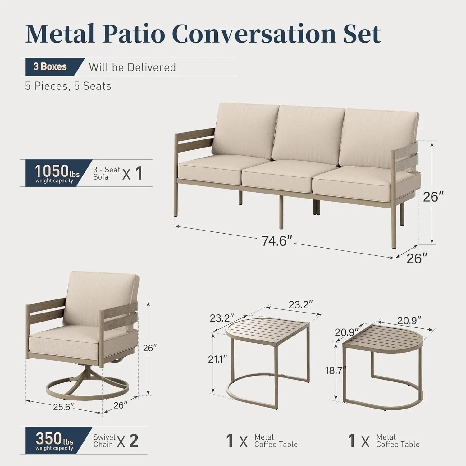 Metal Frame Patio Furniture Set, Wood-Like Modern with Cushion
