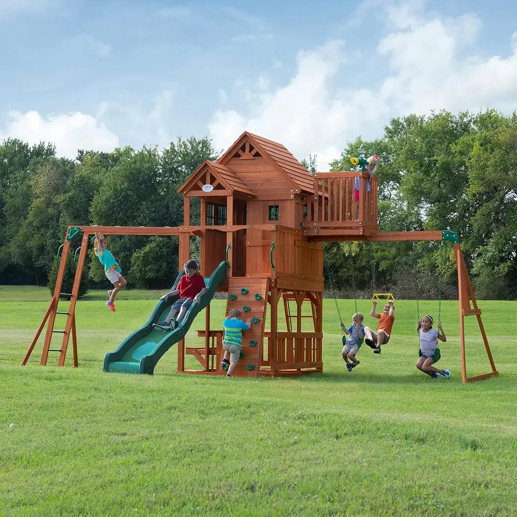 II Cedar Wood Swing Set with Wave Slide, Raised Clubhouse