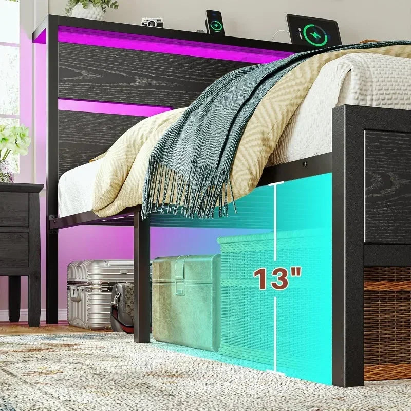 Bed Frame with LED Lights & Charging Station