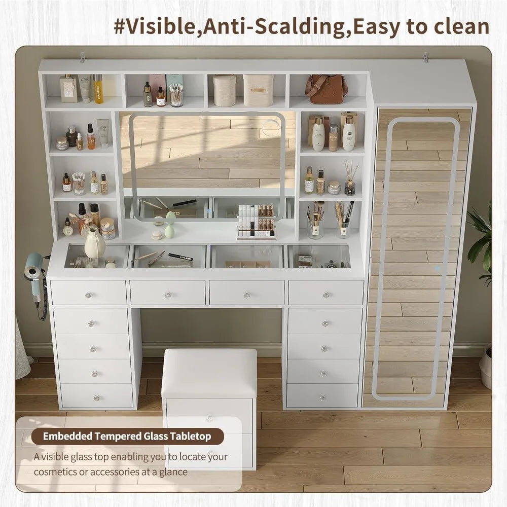 Vanity Desk with Full Length Mirror, LED Makeup Mirror, 14 Drawers & 10 Shelves, Dimmable Lighting, Power Outlet for Bedroom