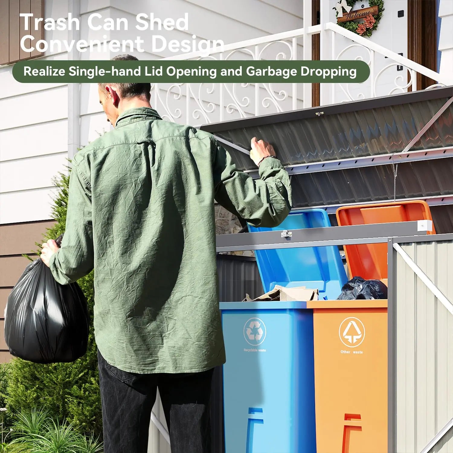 80 cu ft Metal Storage Shed with Garbage Can Organizer for 2 Bins