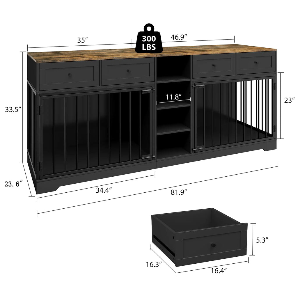 82'' Large Double Dog Crate Furniture TV Stand With 4 Drawers