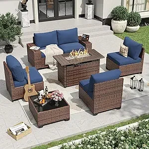 7 Pieces Patio Furniture Set with 44” Fire Pit Table Wicker Rattan