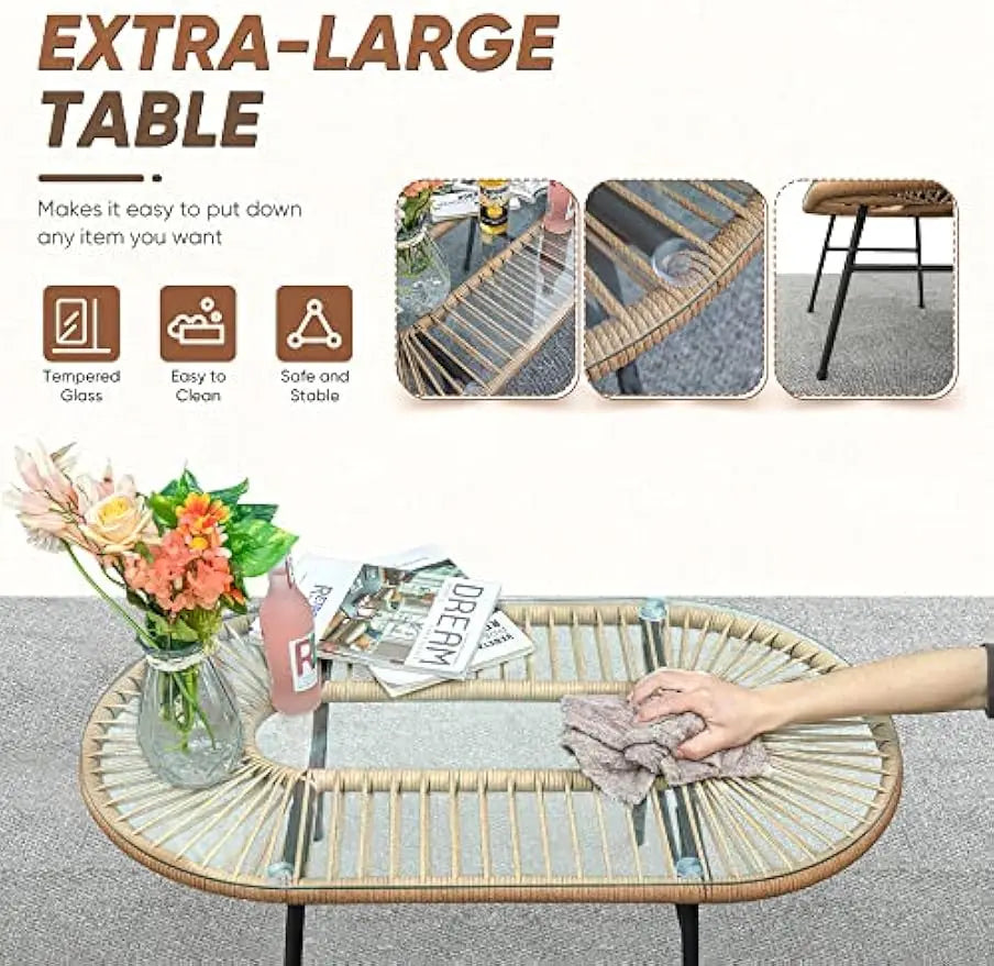 Outdoor L-Shaped Rope Sofa Set with Table & Cushions,
