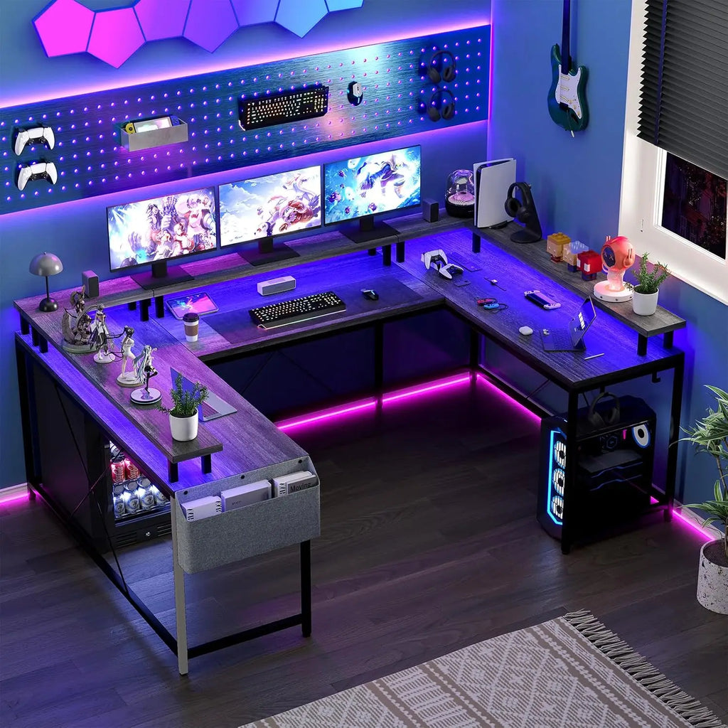 U Shaped Gaming Desk with Monitor Stand Storage Shelves