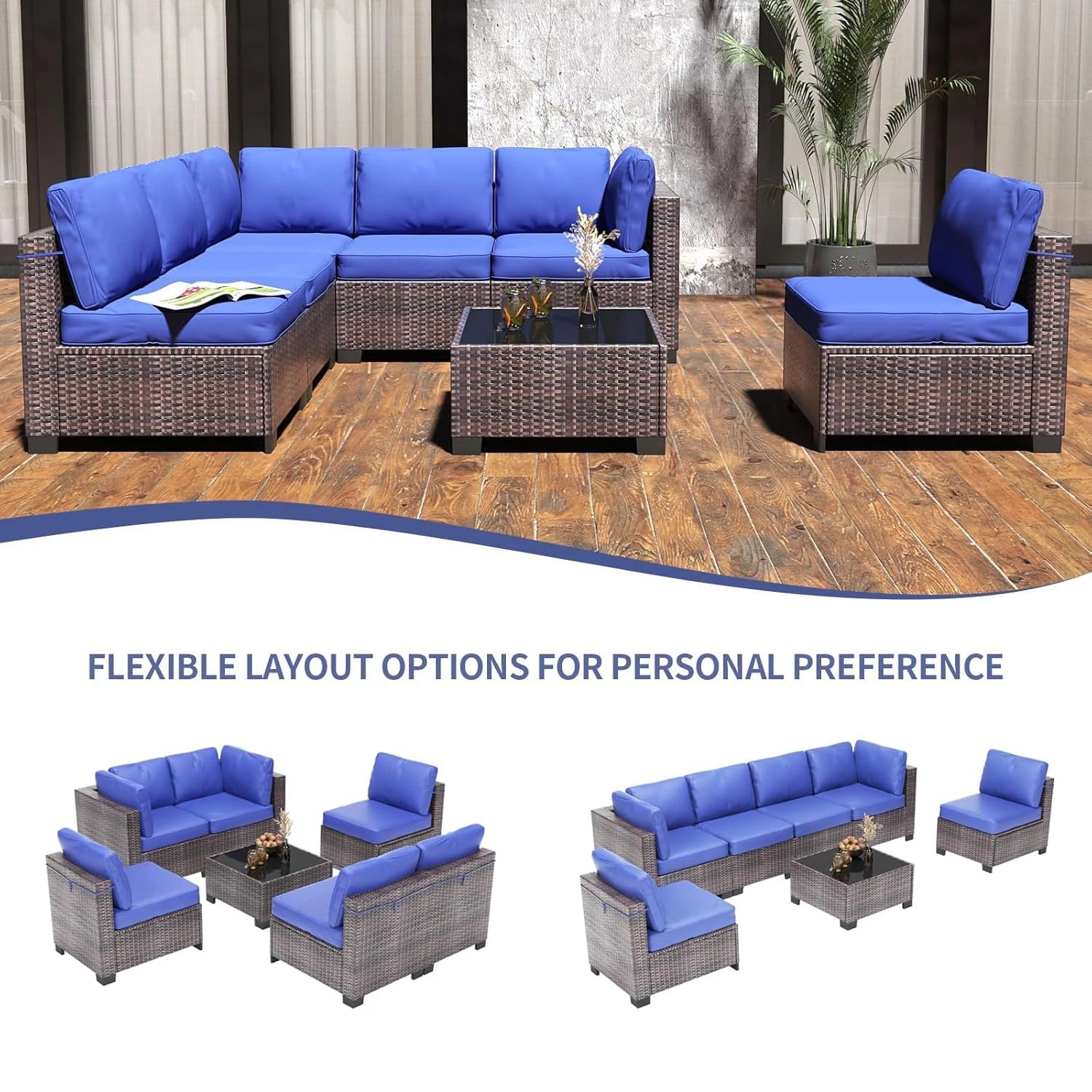 7-Piece Modular Outdoor Furniture Set, PE Rattan Wicker Sectional