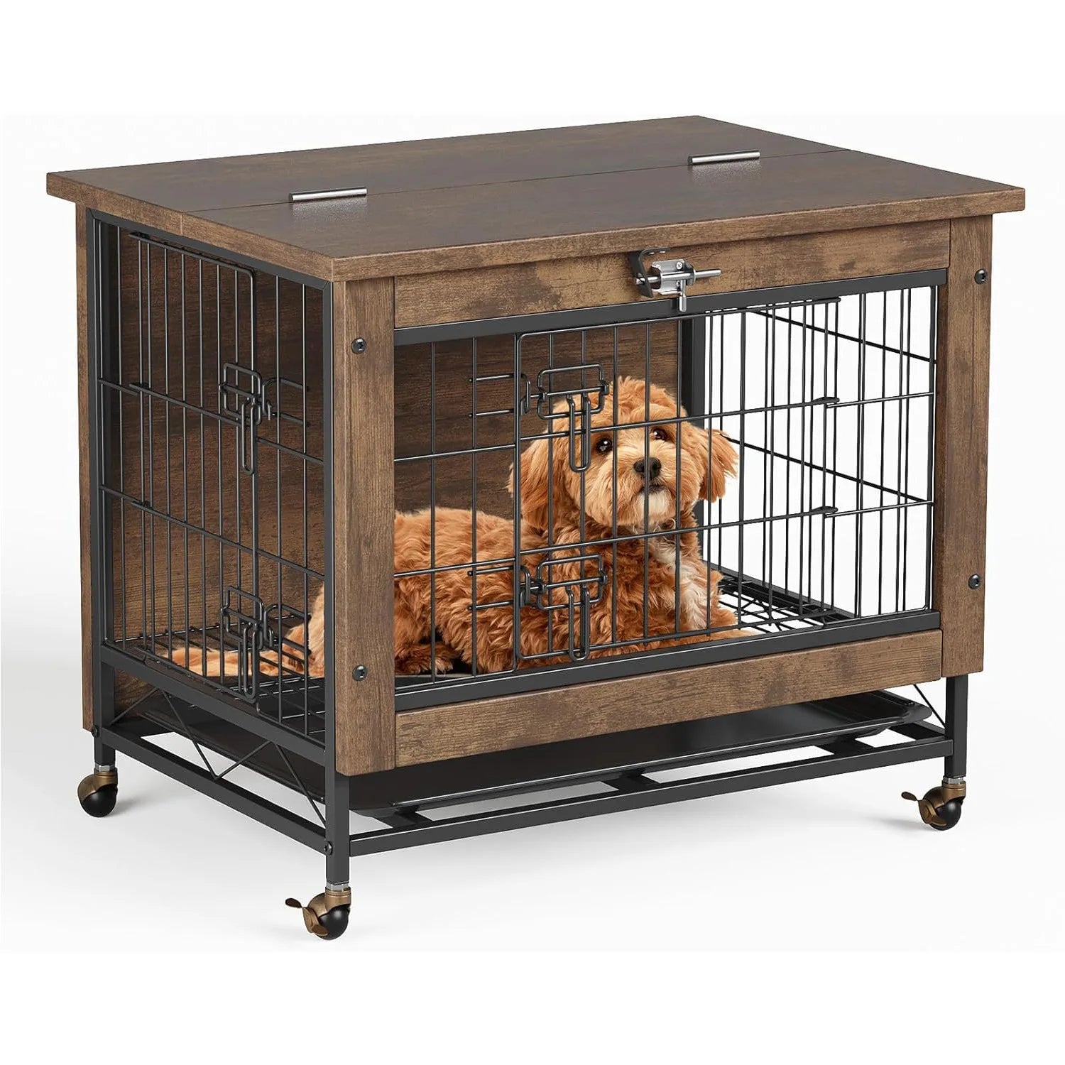 Rustic Dog Crate with Wheels 26in Heavy Duty Metal