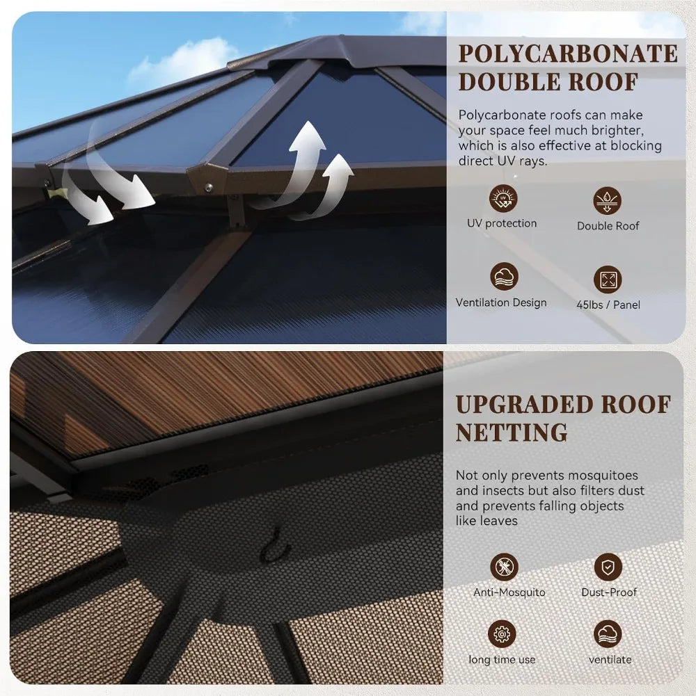 10x12ft Hardtop Gazebo with Double Roof Netting & Curtains