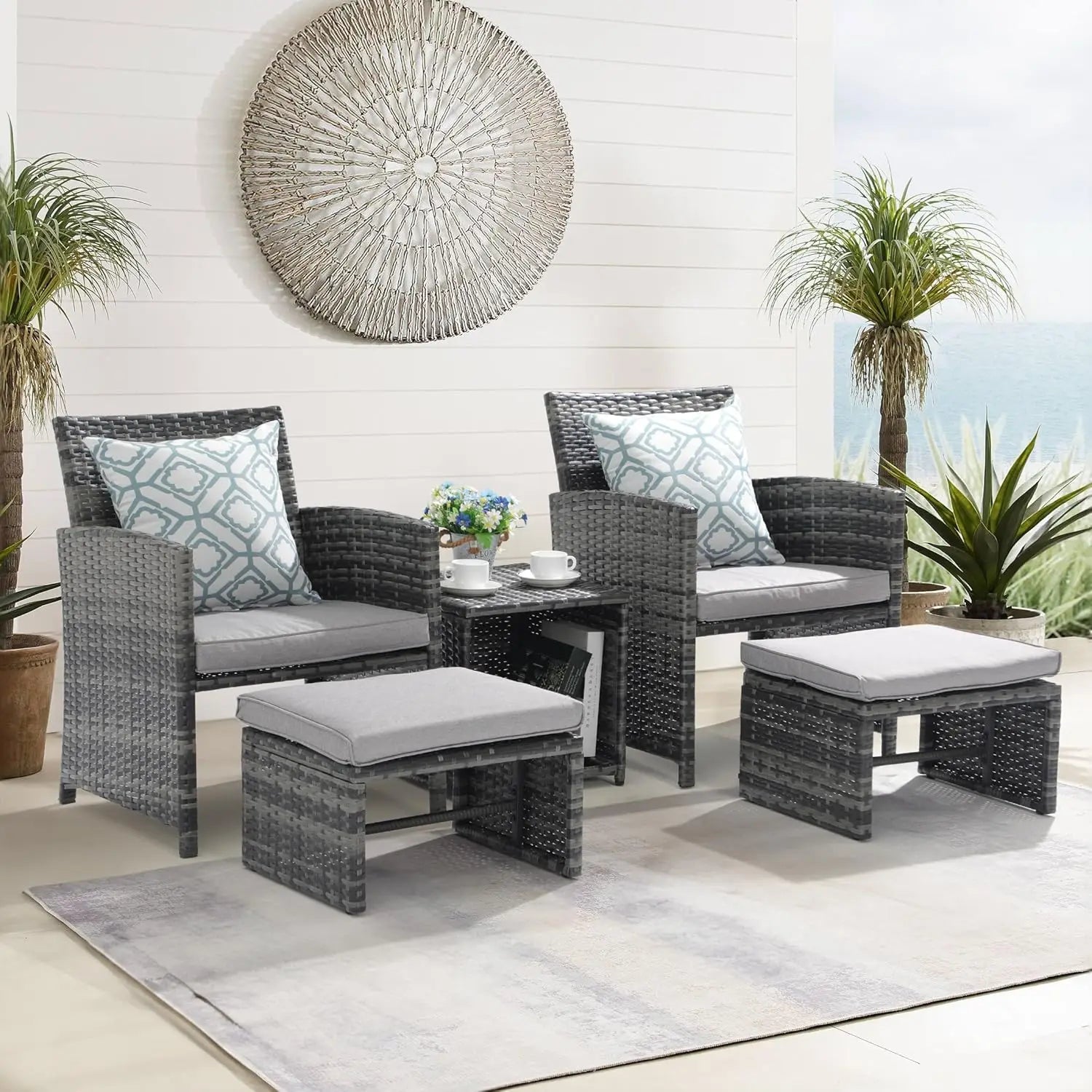 5 Piece Patio Set, Wicker Outdoor Conversation Chair and Ottoman