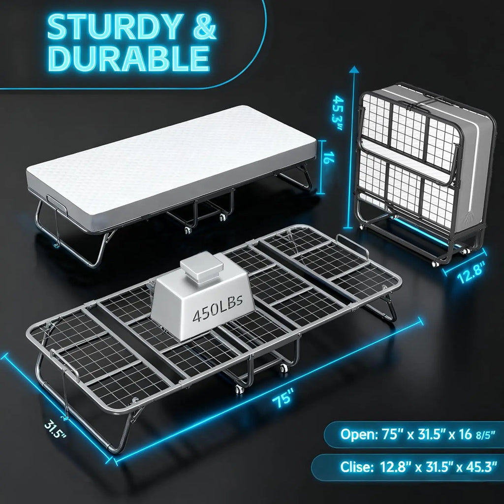 Folding Bed with Mattress, Roll Away Beds for Adults, 75" x 31"