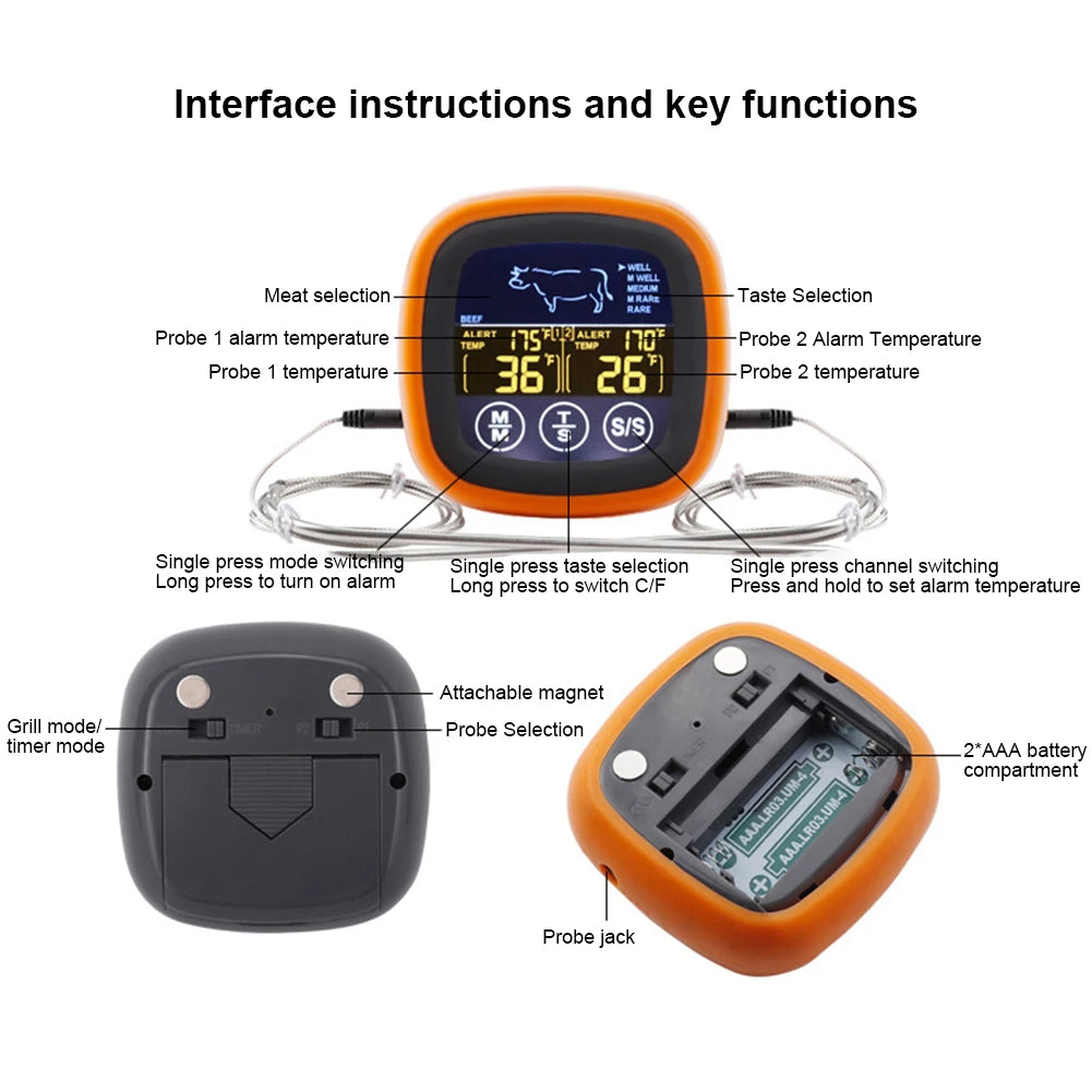 Digital Kitchen Thermometer with 2 Probe Touch Screen With Timer