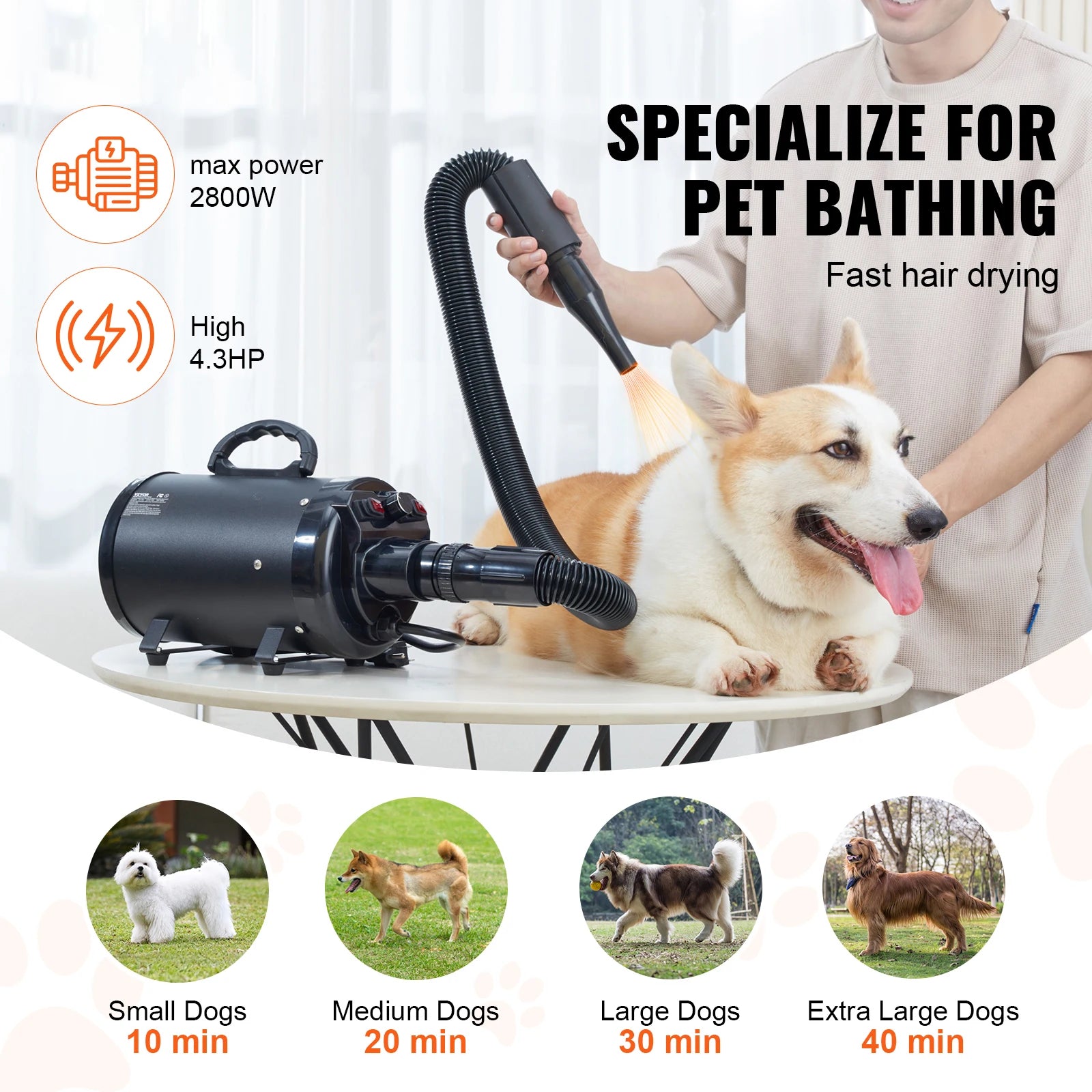 2000W/2.7HP Dog Blow Dryer Adjustable Speed Temperature Control