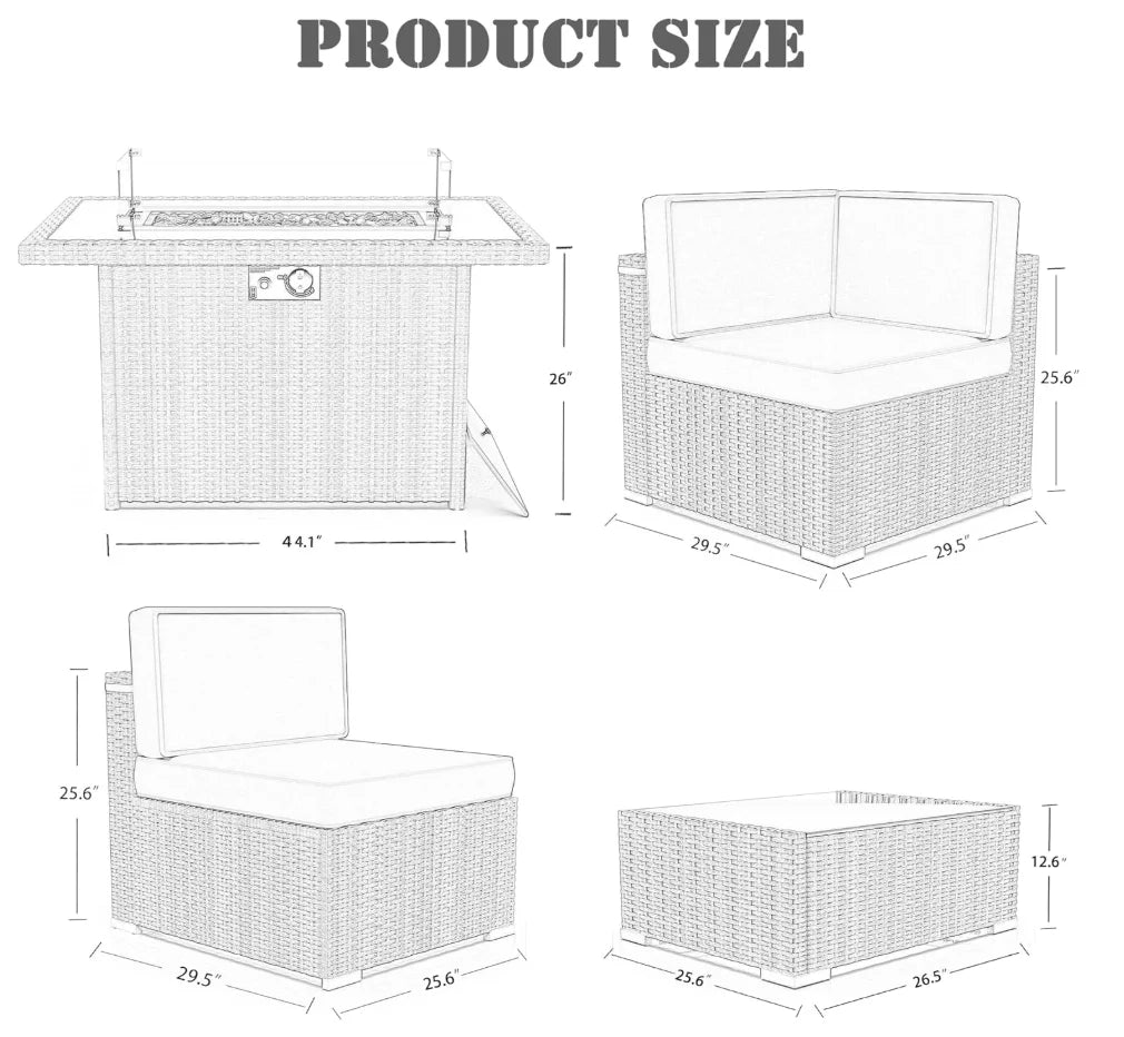8 Pieces Patio Set with 44" Propane Gas Fire Pit Table