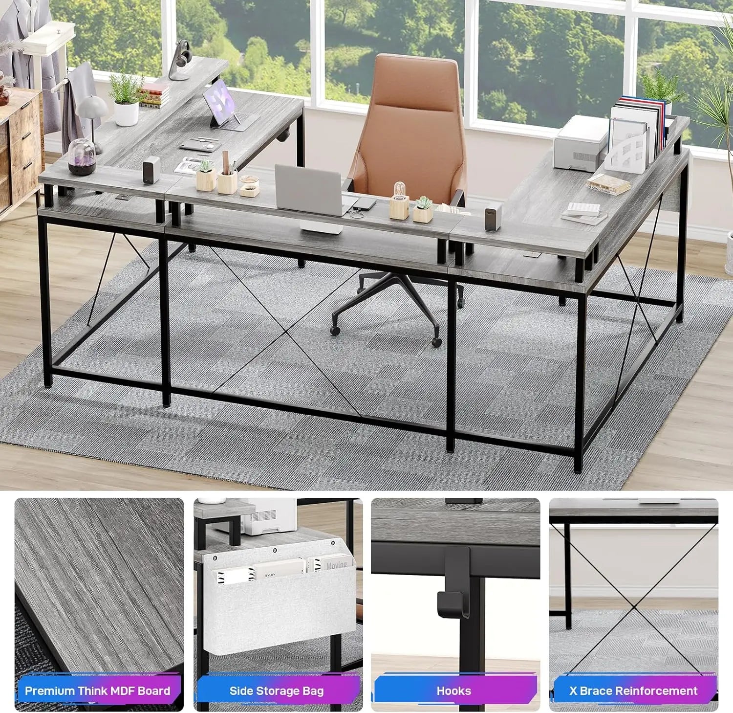 U Shaped Gaming Desk with Monitor Stand Storage Shelves