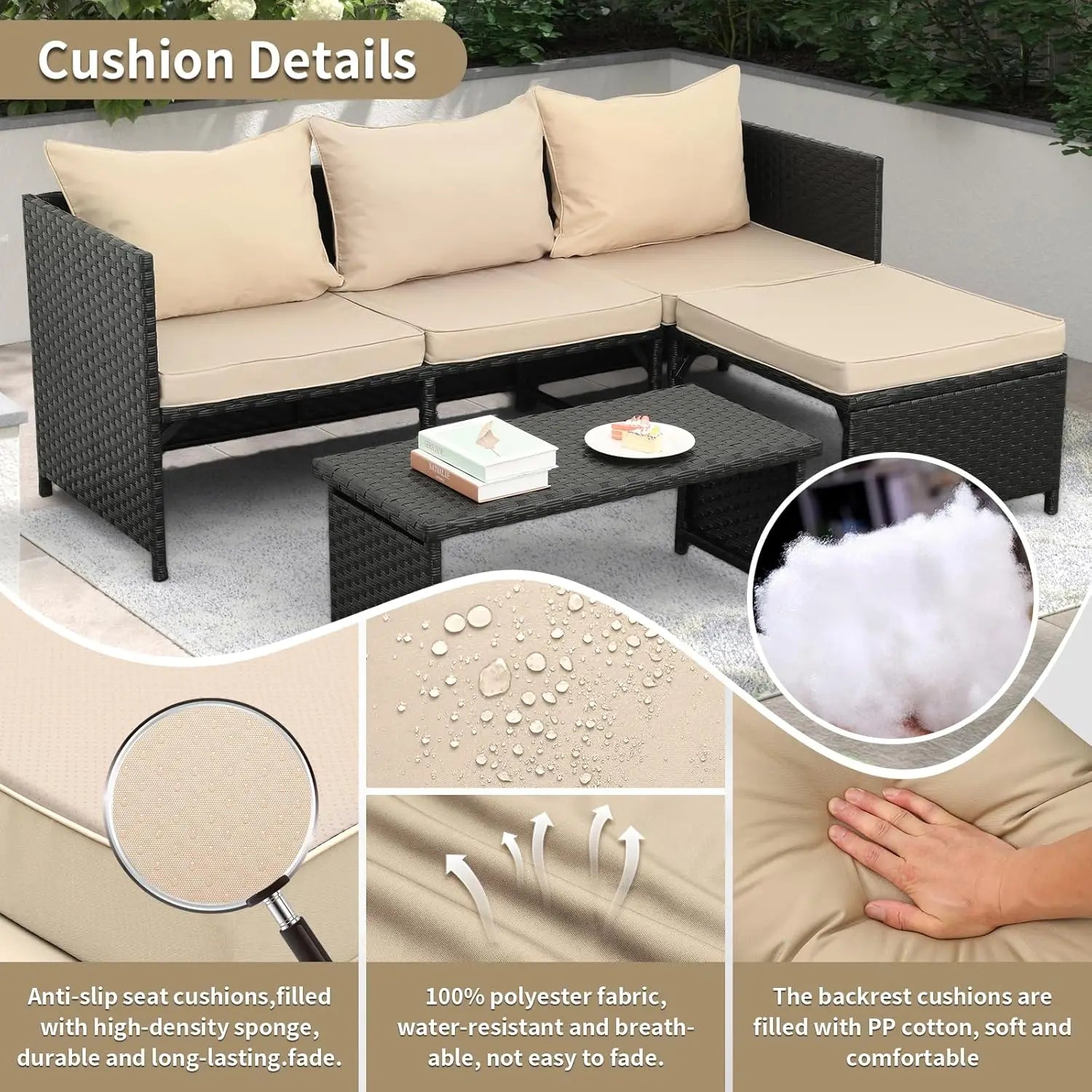 3-Piece Outdoor Rattan Patio Furniture Set, Khaki Cushion