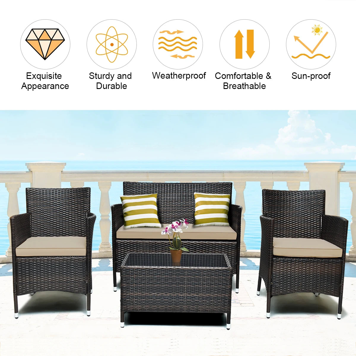 4PCS Rattan Patio Furniture Set With Coffee Table