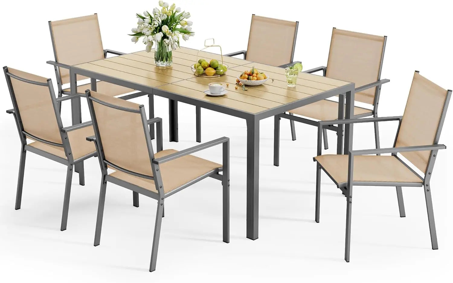 Patio Dining Set 7 Pieces with Large Table and 6 Textile Chairs
