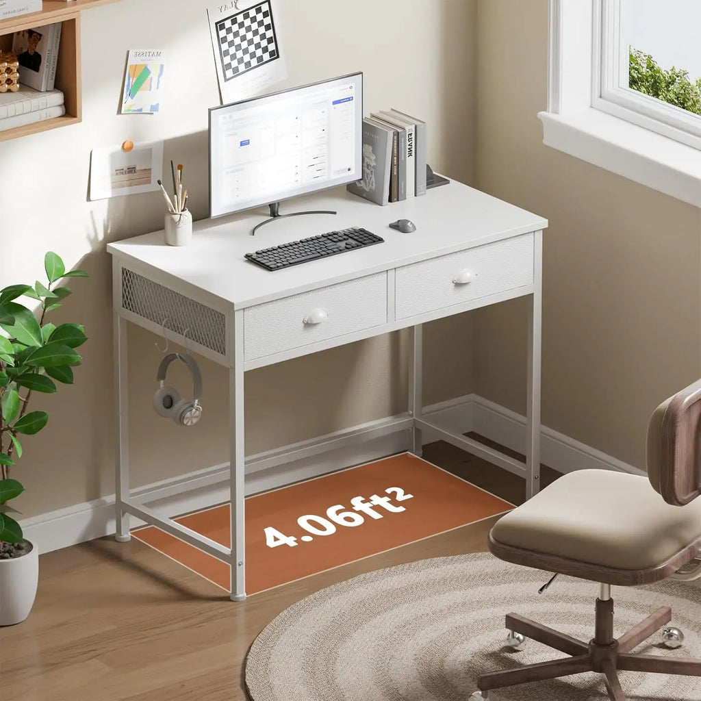 Small White Computer Desk with 2 Fabric Drawers