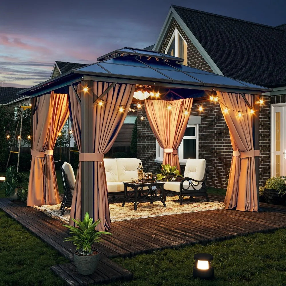 10x12ft Hardtop Gazebo with Double Roof Netting & Curtains