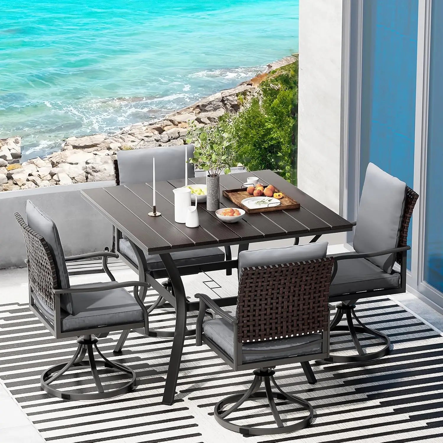 5 Piece Outdoor Patio Dining Set with 4 Swivel Chairs And Table