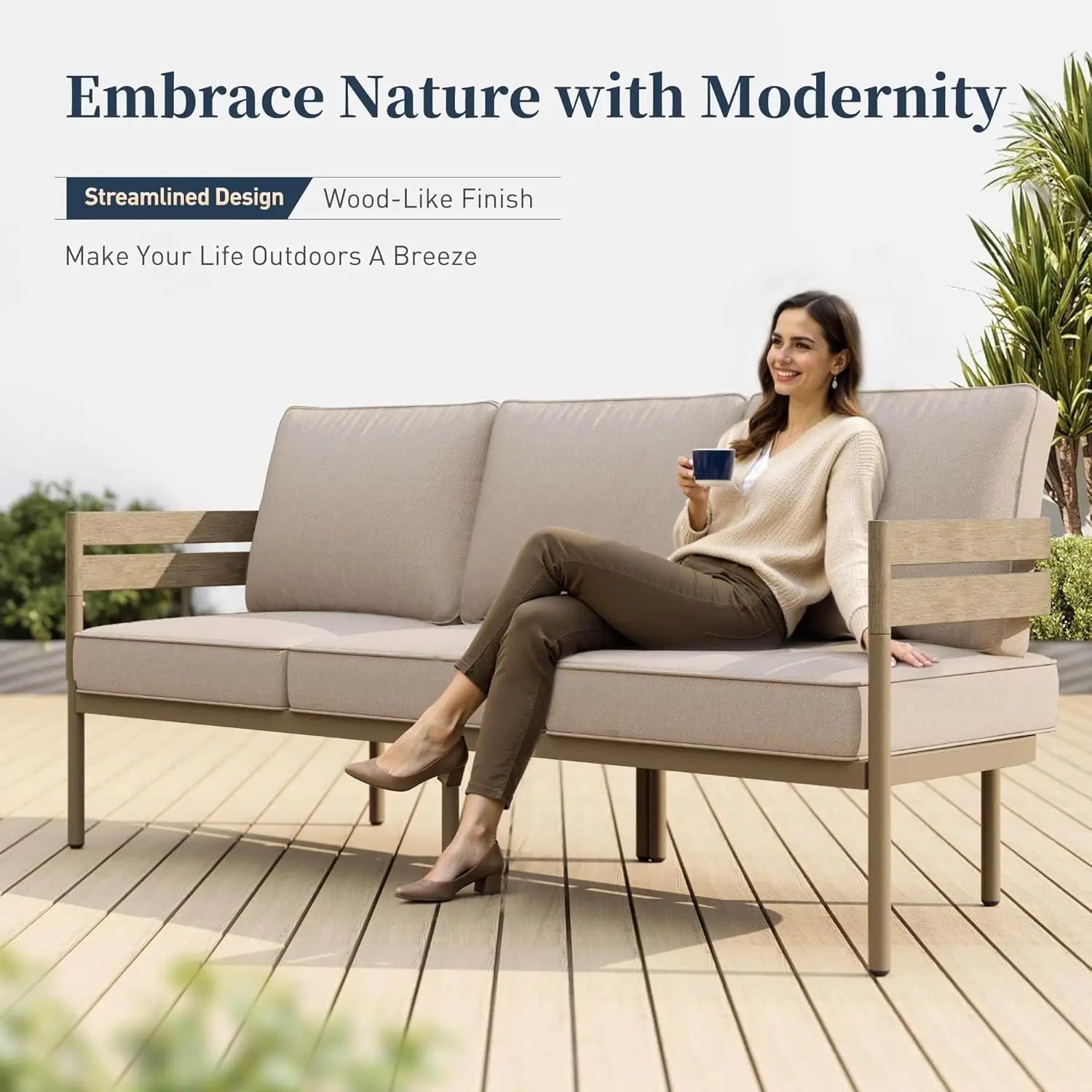 Metal Frame Patio Furniture Set, Wood-Like Modern with Cushion