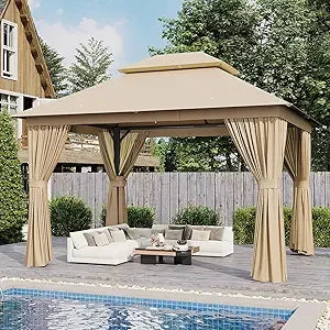 Gazebo 10x12, Metal Frame Canopy with Double Roof And Mosquito Net