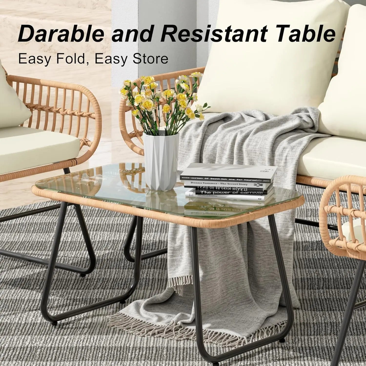 4-Piece Outdoor Patio  Set with Cushions & Tempered Glass Table