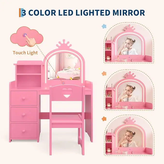 Kids Vanity with Lights, 2 in 1 Princess Vanity Desk & Chair Set