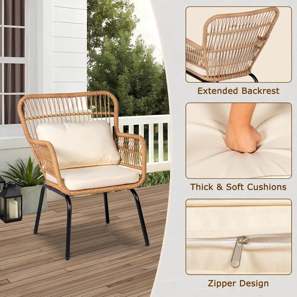 3 Piece Outdoor Wicker Bistro Set, Patio Conversation w/2 Rattan Chairs