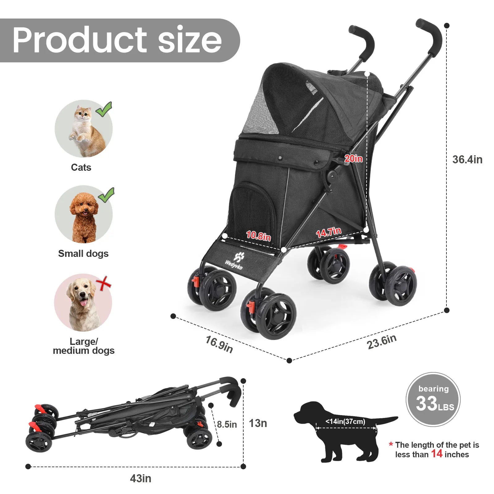 4 Wheels Puppy Stroller Rotate with Brakes And Storage