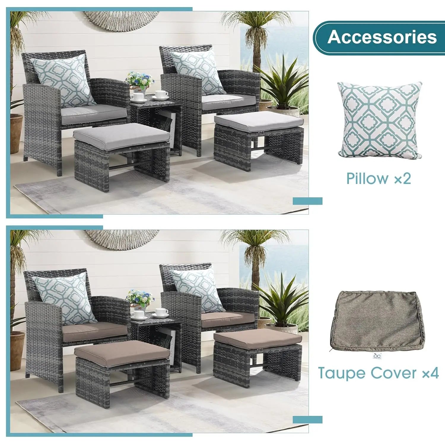 5 Piece Patio Set, Wicker Outdoor Conversation Chair and Ottoman